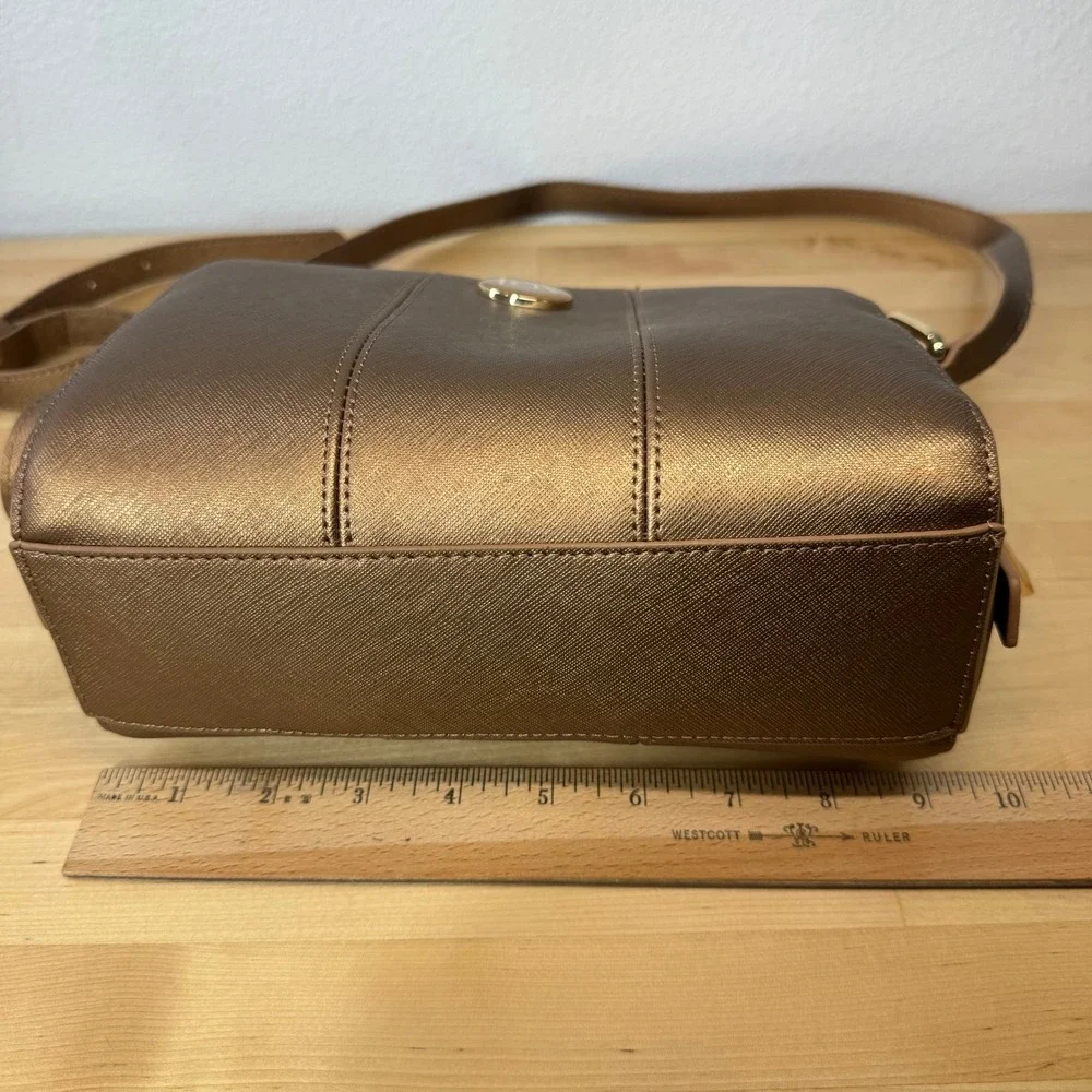 Joy‎ Mangano Bronze Metallic Saffiano Crossbody Bag RFID Organizer Gold Hardware